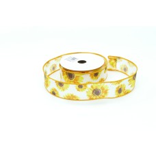 1.5 Inch Spring and Summer White Wired Ribbon With Sunflowers, 10 Yard Spool (Lot of 1 Spool) SALE ITEM